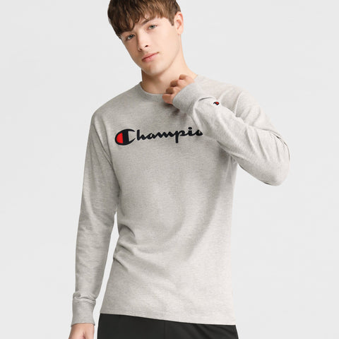 Champion Classic Graphic Long-Sleeve T-Shirt, Script Logo in New Manhattan Mist Heather