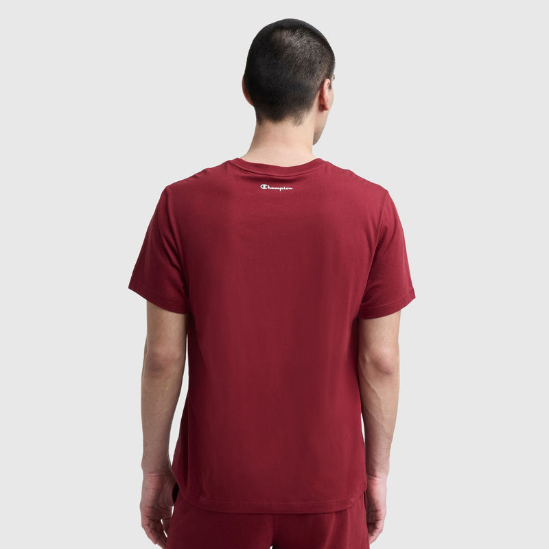 A person with short dark hair is seen from behind, wearing a red Champion Classic Graphic T-Shirt with the script logo and matching red streetwear shorts, standing against a light gray background.