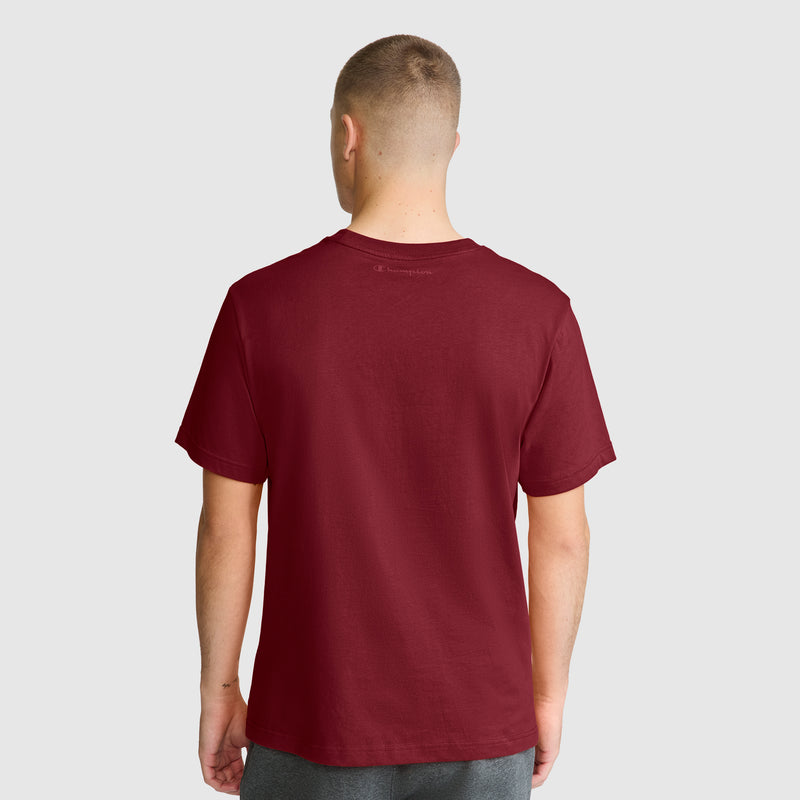 A person with short hair is seen from behind, standing against a light gray background, wearing the Champion Classic T-Shirt with C Logo in plain maroon paired with gray pants.