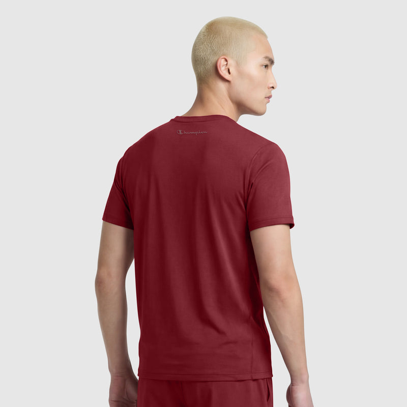 A person with short, bleached blond hair is shown from the back, wearing a matching maroon Classic T-Shirt, C Logo set by Champion. The background is plain light gray.