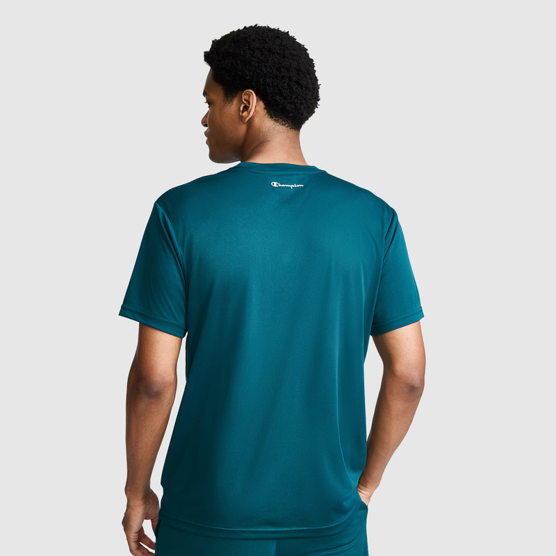 A person wearing a teal Champion Sport T-Shirt with a Reflective C Logo and matching shorts is standing with their back to the camera against a plain gray background.