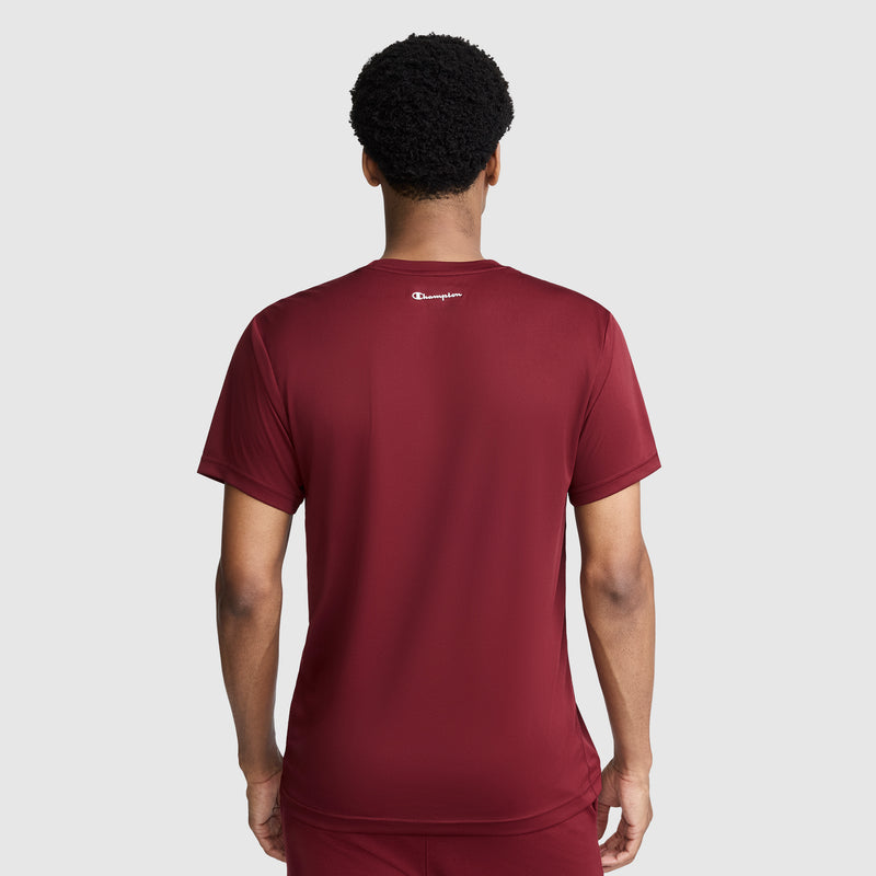 A person stands facing away, wearing a short-sleeve maroon Champion Sport T-Shirt, Reflective C Logo, paired with matching shorts. The shirt features moisture-wicking technology and has a small white reflective Champion logo on the upper back. The background is plain gray.