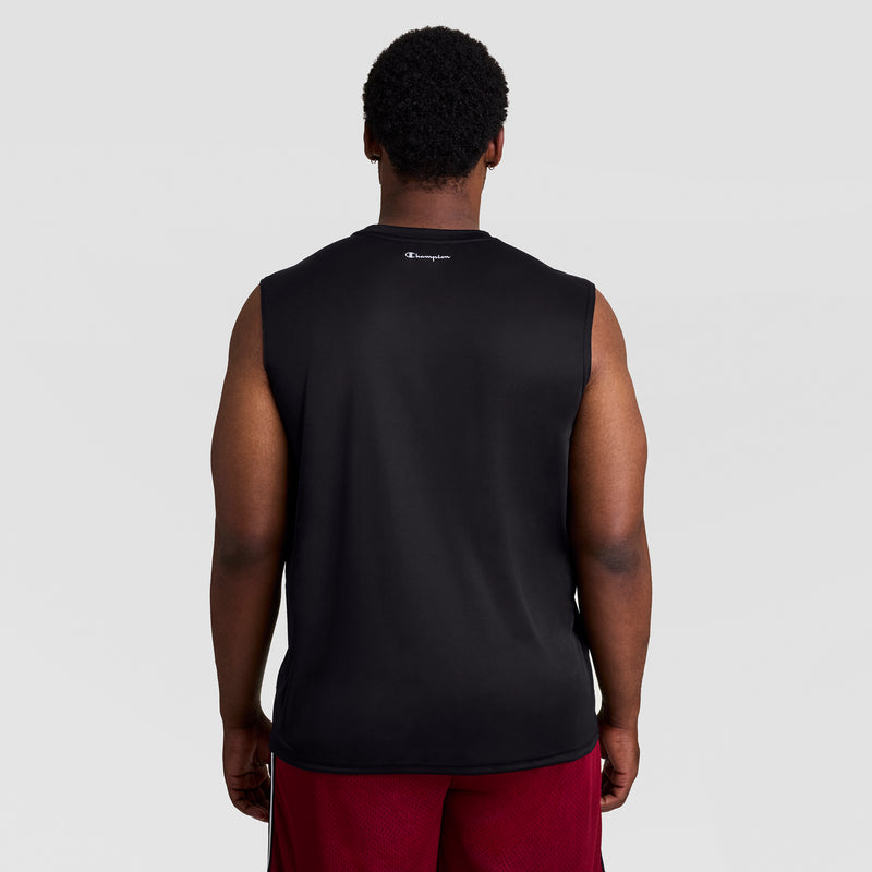 A man faces away from the camera, wearing a Champion Sport Muscle Tank with a Reflective C Logo (Big & Tall) and red athletic shorts against a plain light gray background.