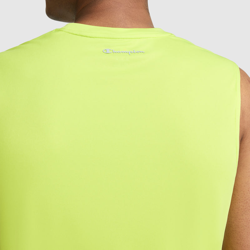 Against a plain light background, an individual is seen from behind wearing the Champion Sport Muscle Tank, Reflective C Logo—a sleeveless workout shirt in neon yellow. This men's muscle tank by Champion features moisture-wicking fabric for comfort during intense workouts and displays the reflective Champion logo on the upper back.