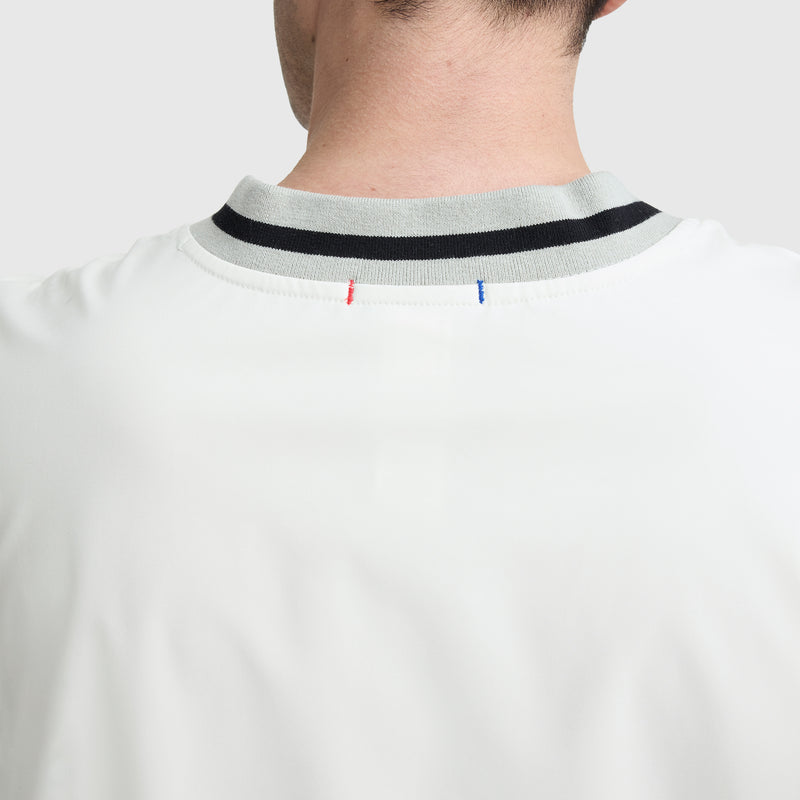 The back view of a person wearing the Champion Gridiron V-Neck Pullover, C Logo, in white with a light gray collar featuring black stripes and red-blue stitching at the neckline. The neck and short hair are visible.