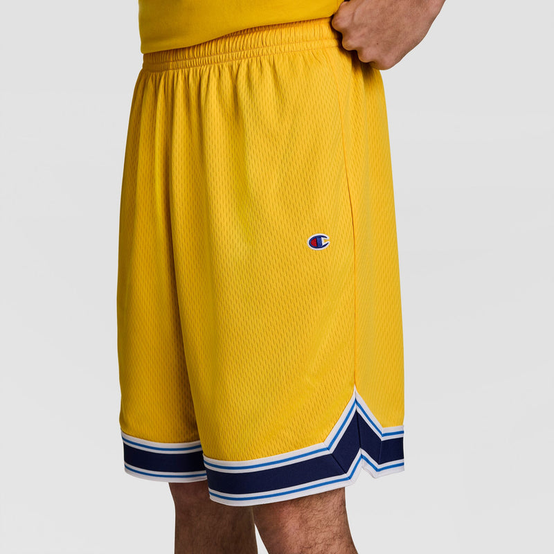 Only the lower torso and legs are shown, wearing Champion’s 10" Gridiron Reversible Short with blue and white striped trim at the hem and the Script Logo visible on the left thigh.