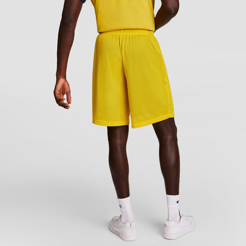A person stands facing away against a plain background, wearing the Champion Powerblend Full-Zip Hoodie (C Logo - Big & Tall), yellow T-shirt, yellow mesh athletic shorts, white socks, and white sneakers.
