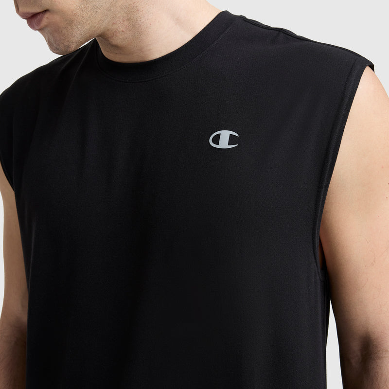 A person wears a sleeveless black Champion Sport Crewneck Muscle Tee, Script Logo, shown from shoulders to upper chest against a plain background—ideal for an active lifestyle.