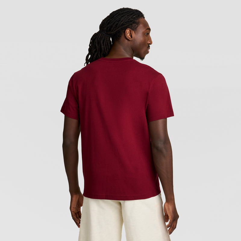A person with long, dark braided hair stands with their back to the camera against a plain light gray background, wearing a burgundy Champion Modern Retro Gothic '19 T-Shirt, C Logo, paired with light-colored shorts.