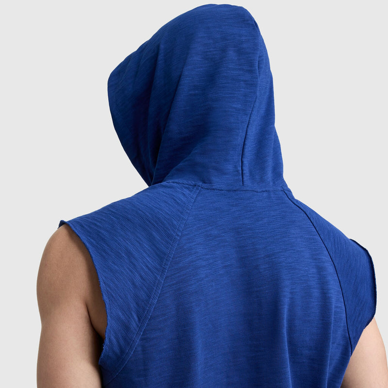 A person is shown from the back wearing the Champion Modern Retro Washed Sleeveless Hoodie with C Logo and the hood up, set against a plain light gray background.