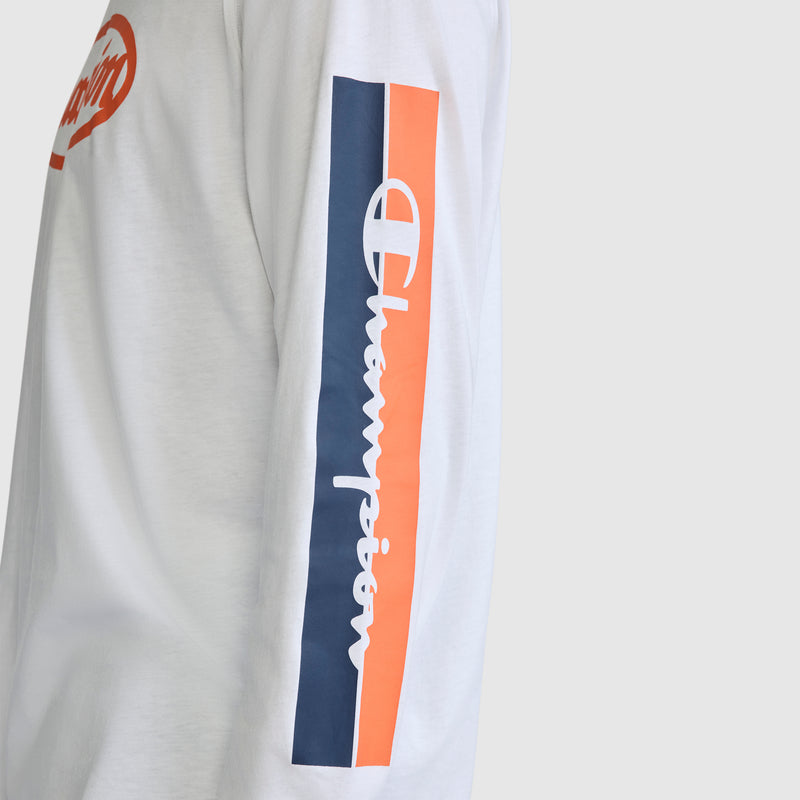 A close-up of the Champion Medallion Long Sleeve Graphic T-Shirt, showcasing a white long-sleeve design with a striking blue and orange vertical stripe down the sleeve and the Champion logo in white text.