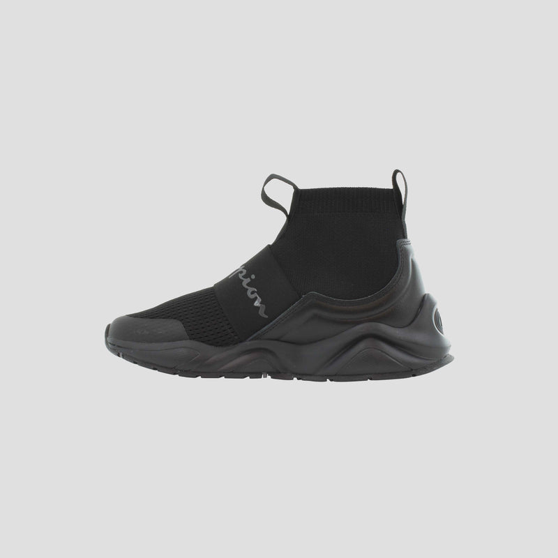 The Champion Kids' Rally Pro sneakers feature a black knit design, high sock-like ankle collar, front and back pull tabs, and Champion cursive on the side strap. Thick wavy soles ensure comfort for all-day play.