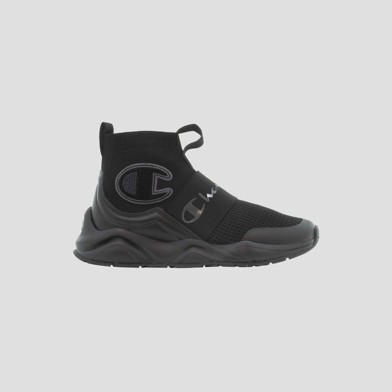 The Champion Kids' Rally Pro is a black slip-on athletic sneaker featuring a thick sole, mesh upper, elastic strap, and Champion logos—ideal comfortable footwear for everyday play.
