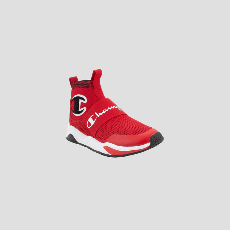 The Champion Men's Rally Pro is a red sock-style sneaker with a mesh upper, white sole, black tread, pull tab at the heel, and Champion branding in white on the strap and side.