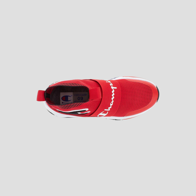 Top view of Champion Men's Rally Pro: a red sock-style sneaker with white accents, mesh fabric, and Champion branding on the midfoot strap; size label inside—ideal for those wanting comfortable sneakers with modern style.