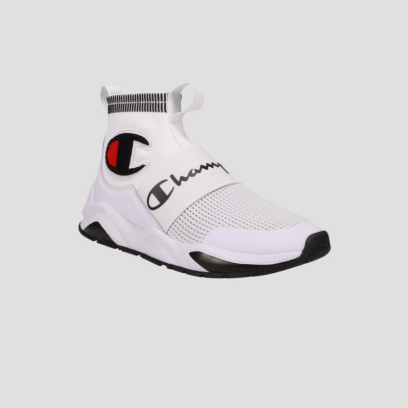 The Champion Men's Rally Pro is a white athletic high-top with a sock-style ankle, black sole, large black “Champion” logo on top, and a red, black, and white Champion C logo on the ankle.