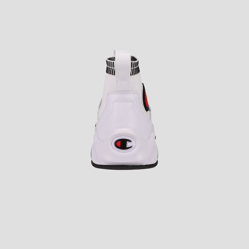 A back view of the Champion Men's Rally Pro sneaker in white shows a black and red logo on the heel, pull tab on the collar, sock-style ankle, and a light gray background. Perfect for those seeking men's high-top shoes.
