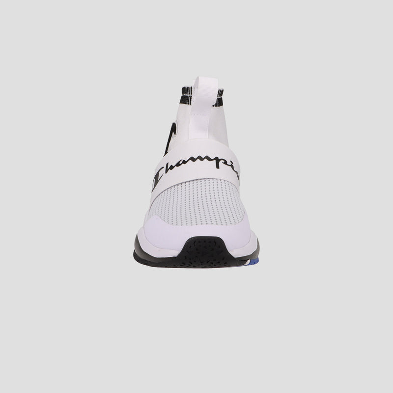 The Champion Men's Rally Pro is a white slip-on athletic sneaker with a mesh upper, sock-style ankle, thick black Champion strap, and a black and white sole.
