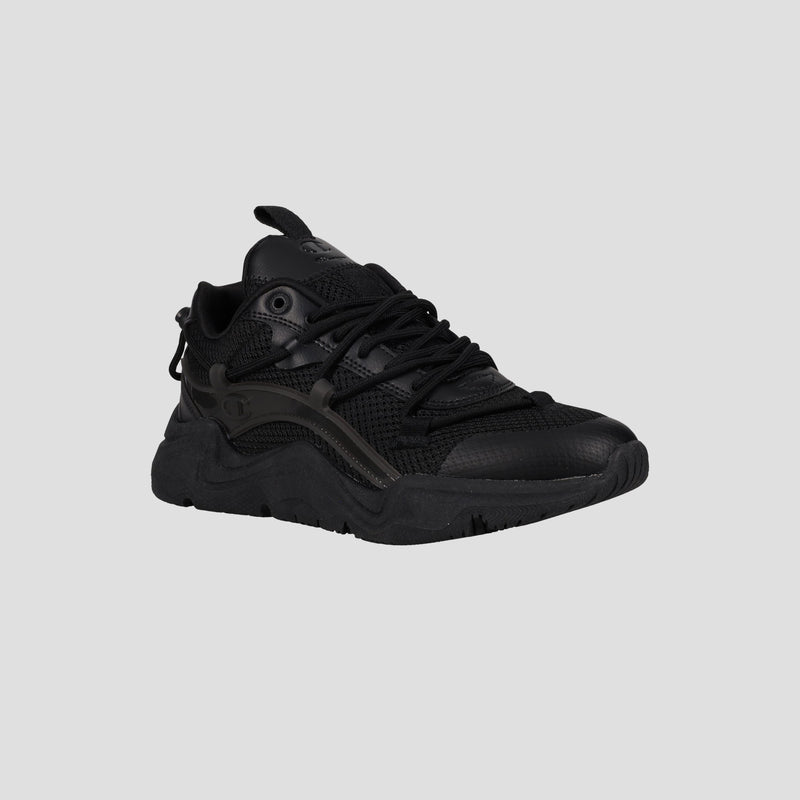 The Champion Men's Hyper C Pilot W lifestyle sneaker features a black mesh upper, synthetic overlays, black laces, and a chunky sole, shown on a light gray background.