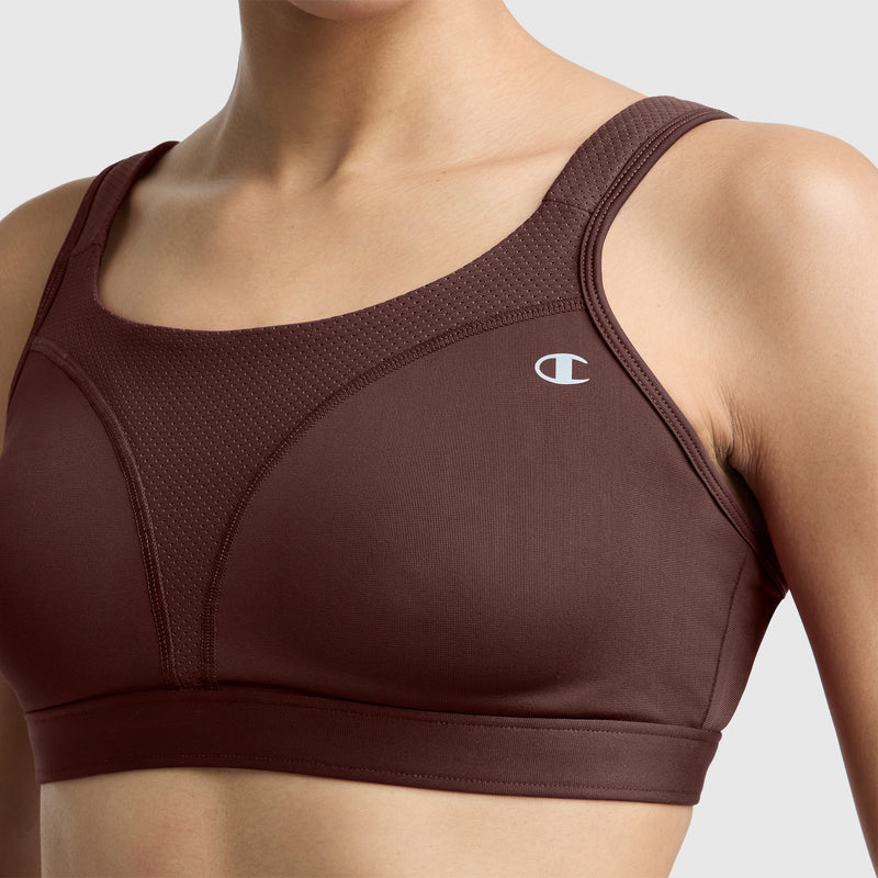 A person wearing a maroon Champion Spot Comfort High-Impact Sports Bra with the C logo, shown from the shoulders to the mid-torso against a neutral background.