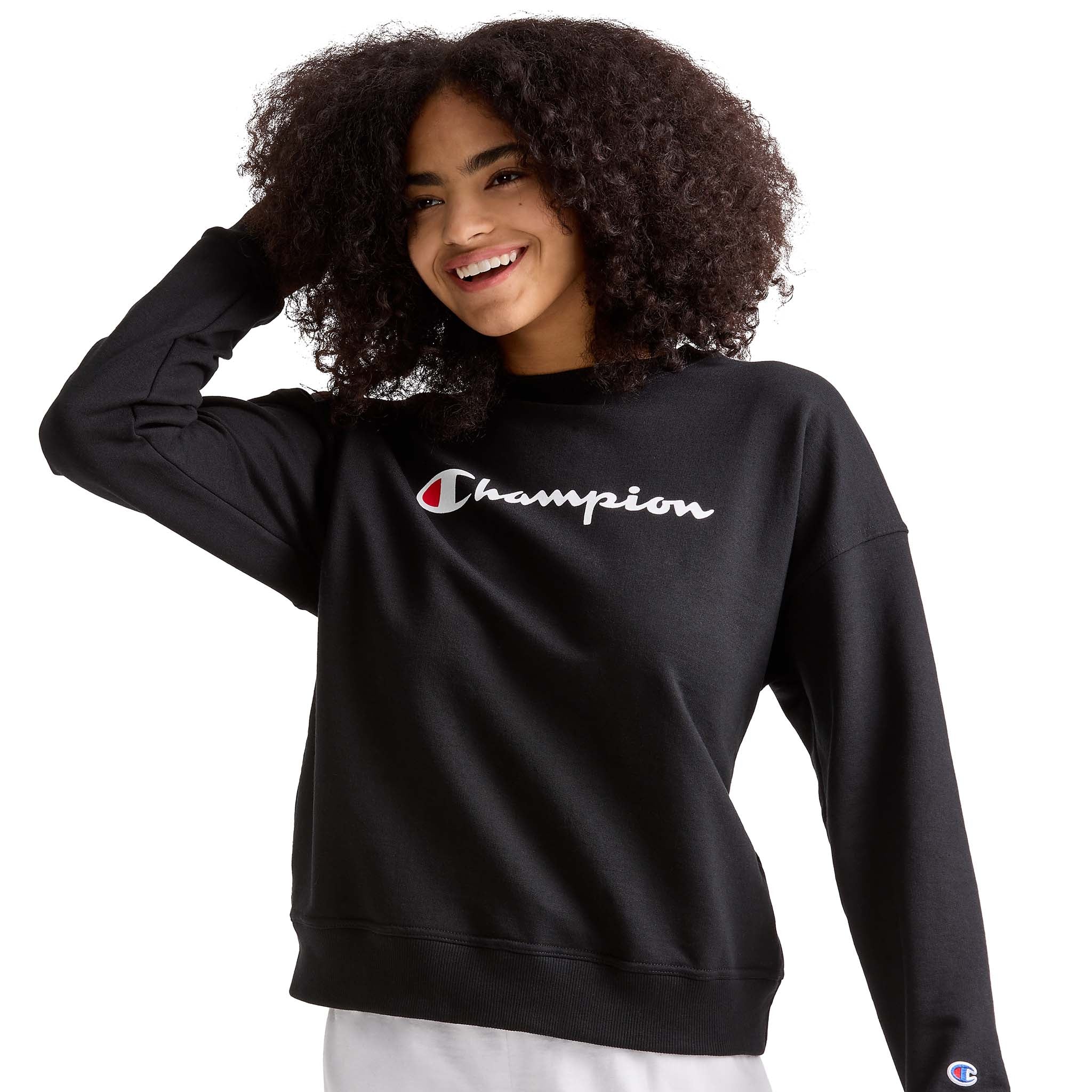 Champion Powerblend Crewneck Sweatshirt, Script Logo in Black
