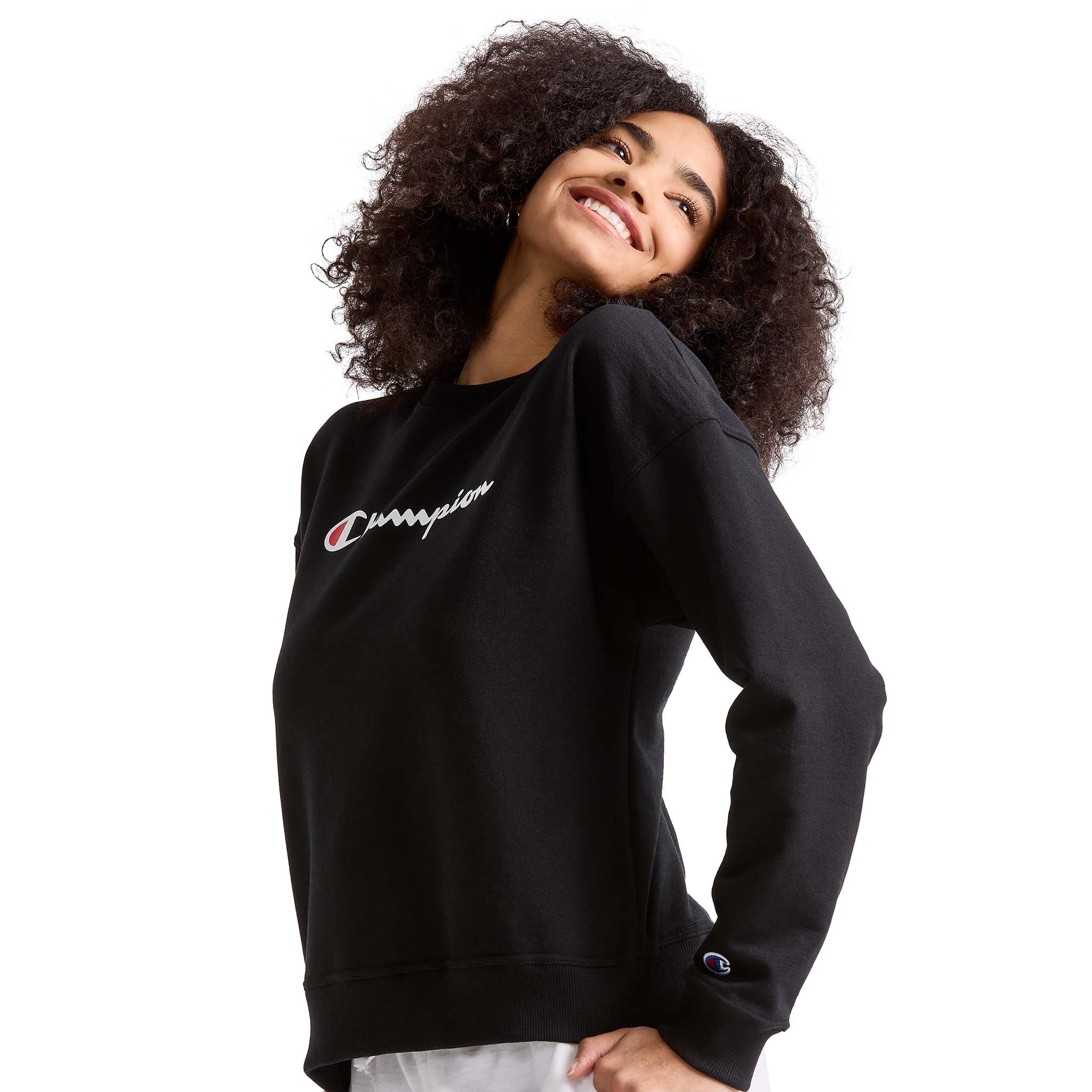 Champion Powerblend Crewneck Sweatshirt, Script Logo in Black