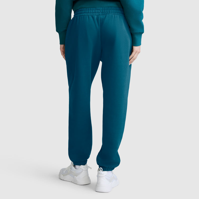A person is shown from the back against a plain light background, wearing teal Champion Powerblend Oversized Sweatpants with the C Logo, paired with a matching teal sweatshirt and white sneakers.