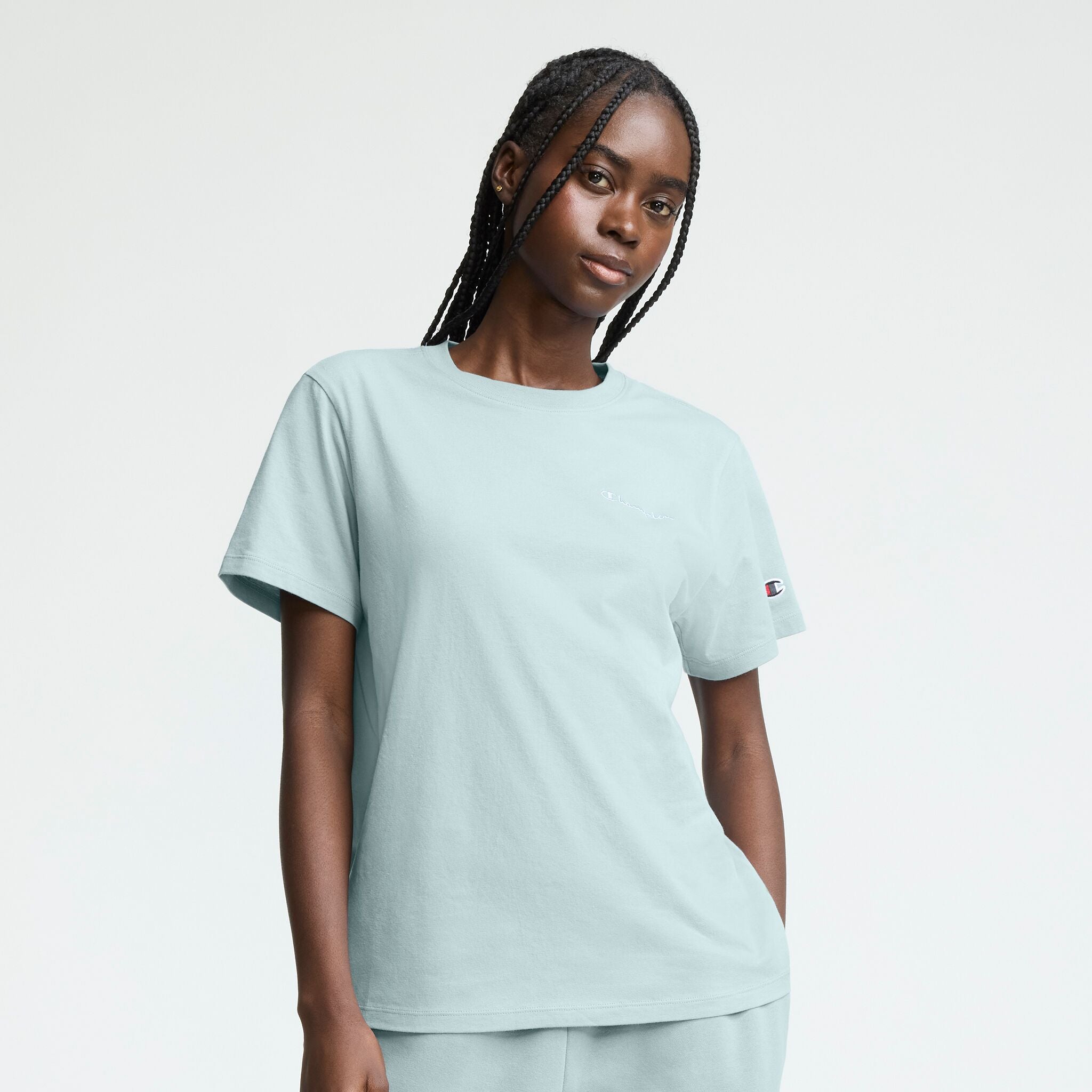 Champion Classic T-Shirt, Tonal Left Chest Script in Cloudy Blue