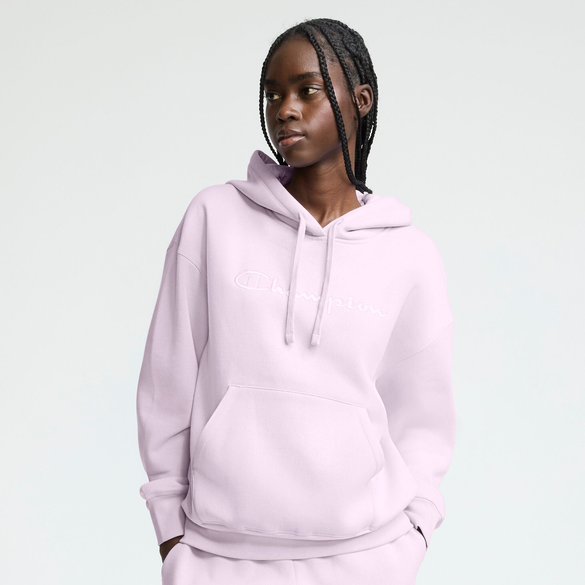 Champion Powerblend Hoodie, Relaxed, Full Embroidered Script Logo in Lavender Frost