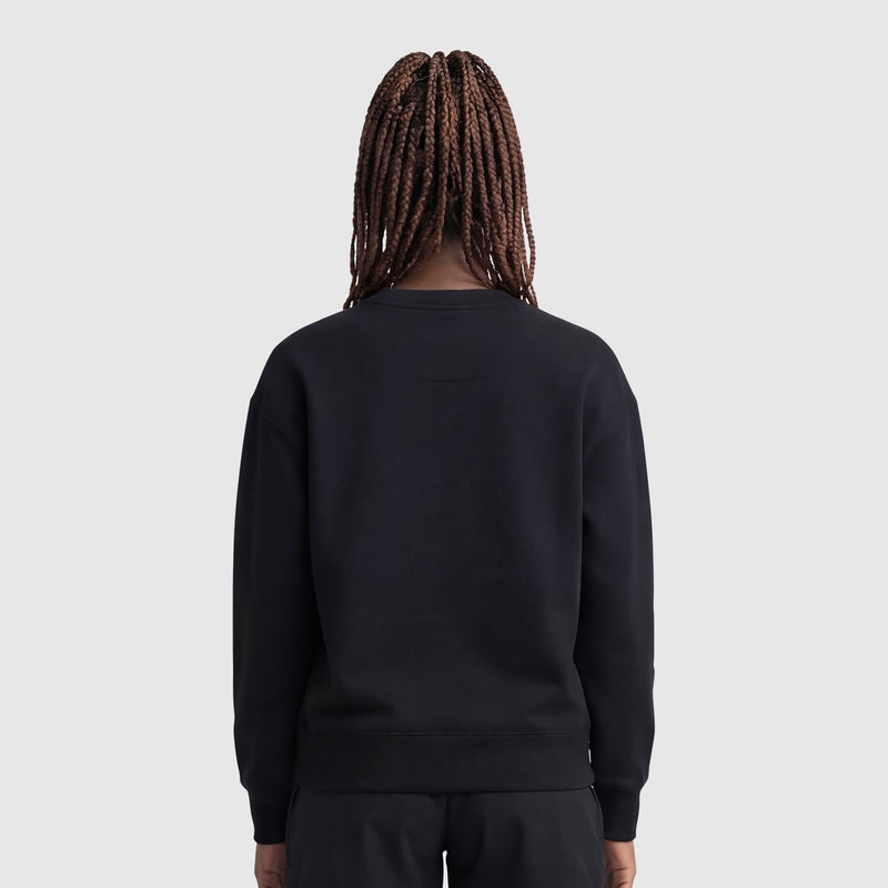 A person with long, braided hair stands with their back to the camera, wearing a Champion Powerblend Crewneck Small "C" sweatshirt and black pants against a plain light gray background.