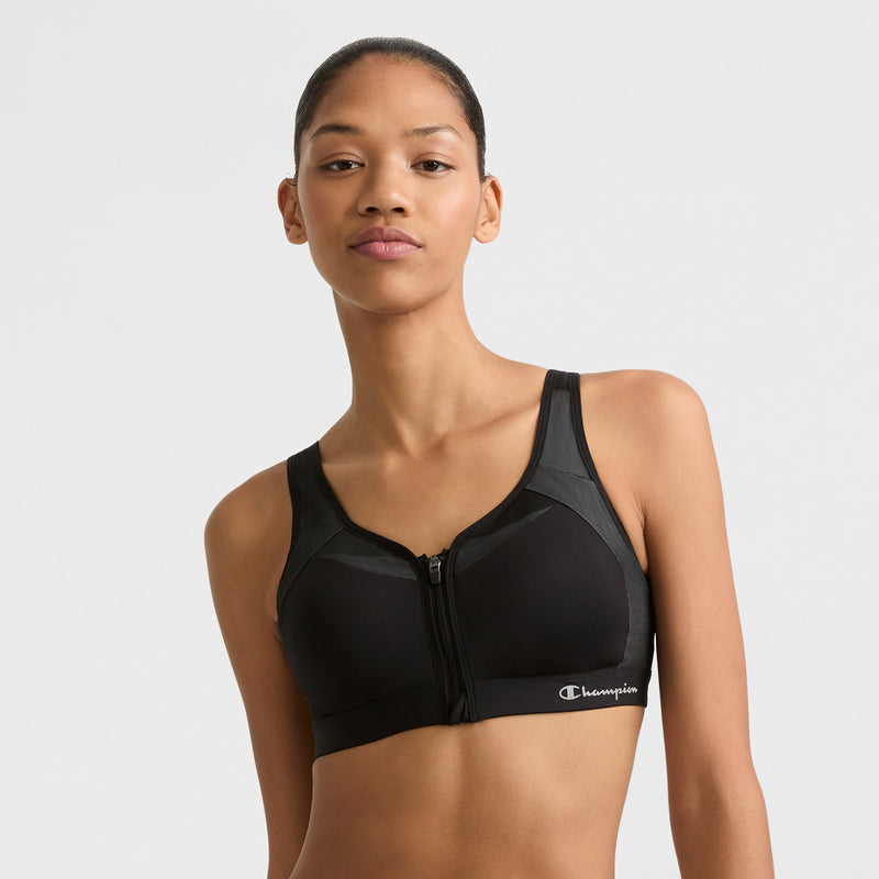 Motion Control Zip Sports Bra, Wirefree, Script Logo