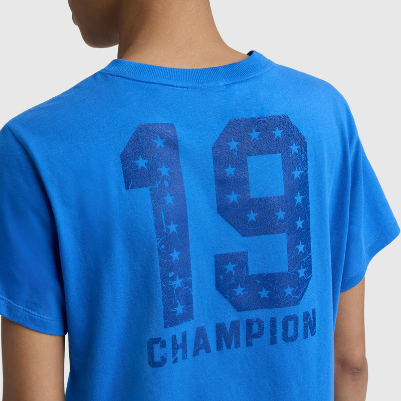 From behind, a person wears the Champion Grid Iron '19 Graphic T-Shirt, featuring large, star-patterned "19" numbers and "CHAMPION" lettering on the back, with a bright blue vintage athletic design. Upper torso and neck are visible.