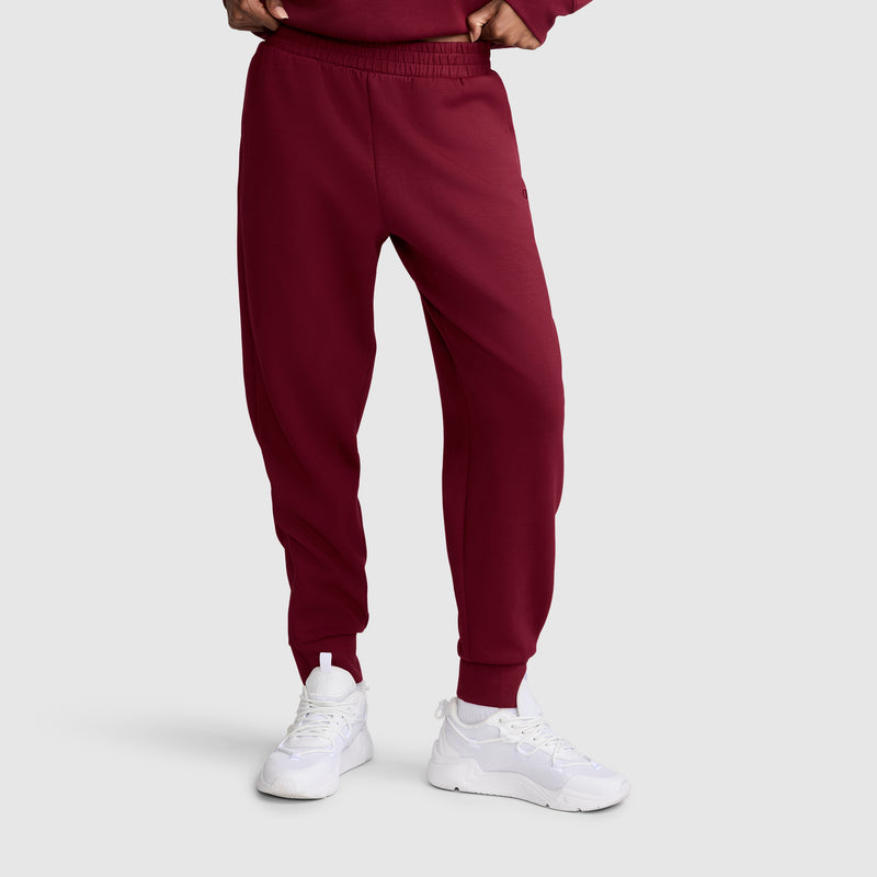 A person is wearing Champion Taper Leg Jogger with Zippers in maroon and white sneakers, standing against a plain light gray background. The upper body is not visible.