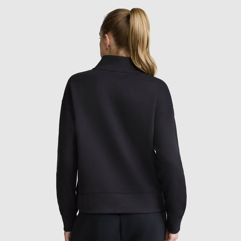A woman with blonde hair in a ponytail is shown from behind, wearing a black Champion Fleece Mockneck Quarter-Zip and matching black pants against a plain light gray background, embodying effortless sport style.