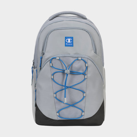 The Champion Summit Backpack features a light gray design with blue accents, front pocket logo, blue zipper pulls, external bungee cord, black bottom, padded laptop sleeve, and is shown on a plain white background.