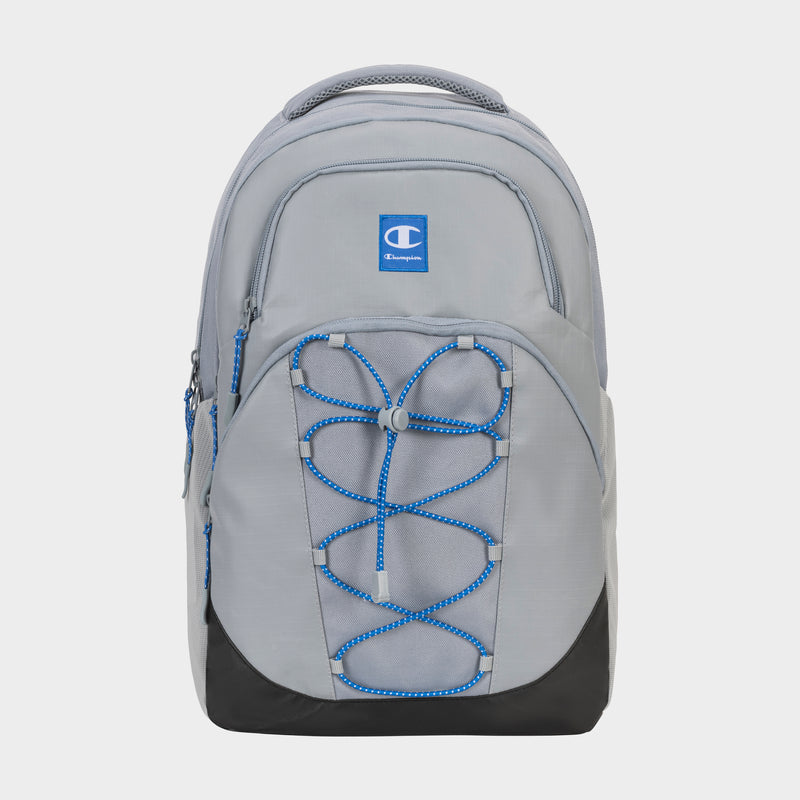 The Champion Summit Backpack features a light gray design with blue accents, front pocket logo, blue zipper pulls, external bungee cord, black bottom, padded laptop sleeve, and is shown on a plain white background.