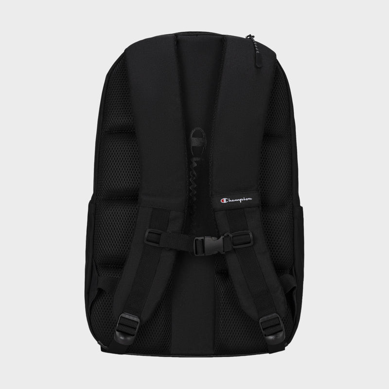 The Champion Summit Backpack is displayed from the back against a plain light gray background, highlighting its contoured strap system with padded, adjustable shoulder straps, a chest buckle, and mesh padding. One strap features a small Champion logo tag. Designed for functionality, the Summit Backpack also includes a padded laptop sleeve to keep your device secure.