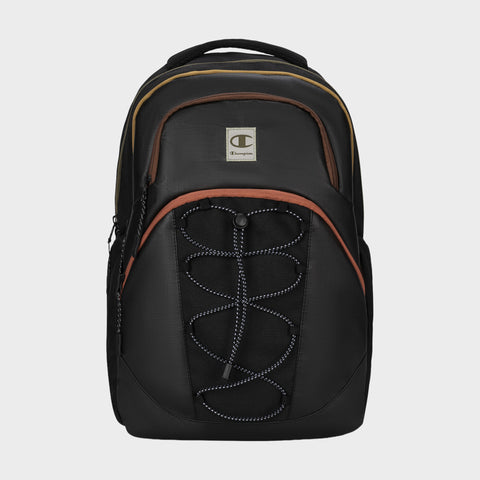 A Champion Summit Backpack in black with brown accents is displayed against a plain white background. The backpack features a front bungee cord detail, multiple zippered compartments, and a top handle. Designed for comfort and convenience, it also offers a contoured strap system and a padded laptop sleeve to keep your essentials secure while on the move.
