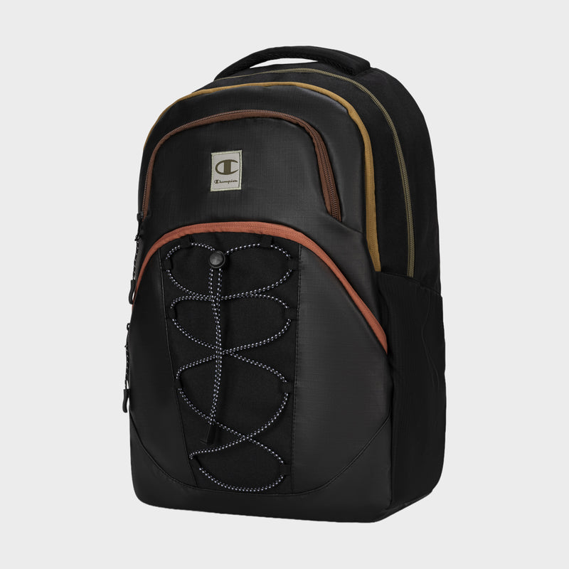 The Champion Summit Backpack, shown on a plain light background, comes in black and brown and features two spacious zippered compartments, a front pocket with a bungee cord, a discreet top brand logo, and contoured straps for comfortable carrying. It also includes a padded laptop sleeve to keep your device secure.