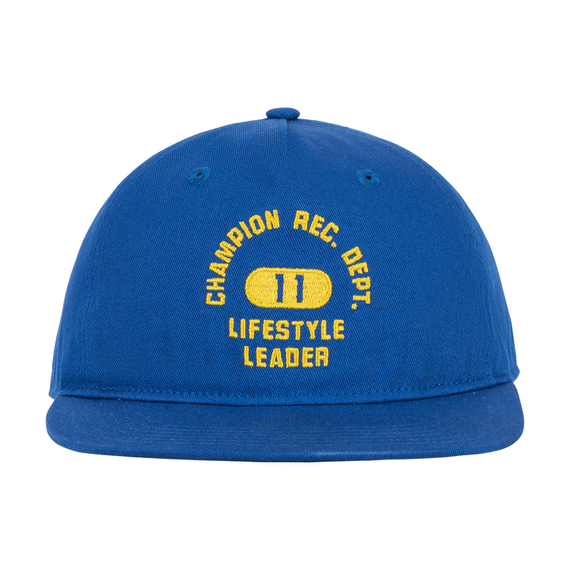 The Champion Athletic Dept Flat Brim Cap - 2 Pack features a blue design with yellow embroidered text "CHAMPION REC. DEPT. LIFESTYLE LEADER" and the number 11 inside a yellow oval on the front.
