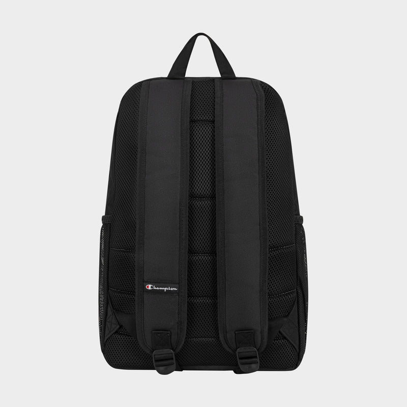 The Champion Luna Backpack is a black minimalist everyday backpack with two padded shoulder straps, a small Champion logo tag, breathable mesh back panel, and an interior laptop sleeve.