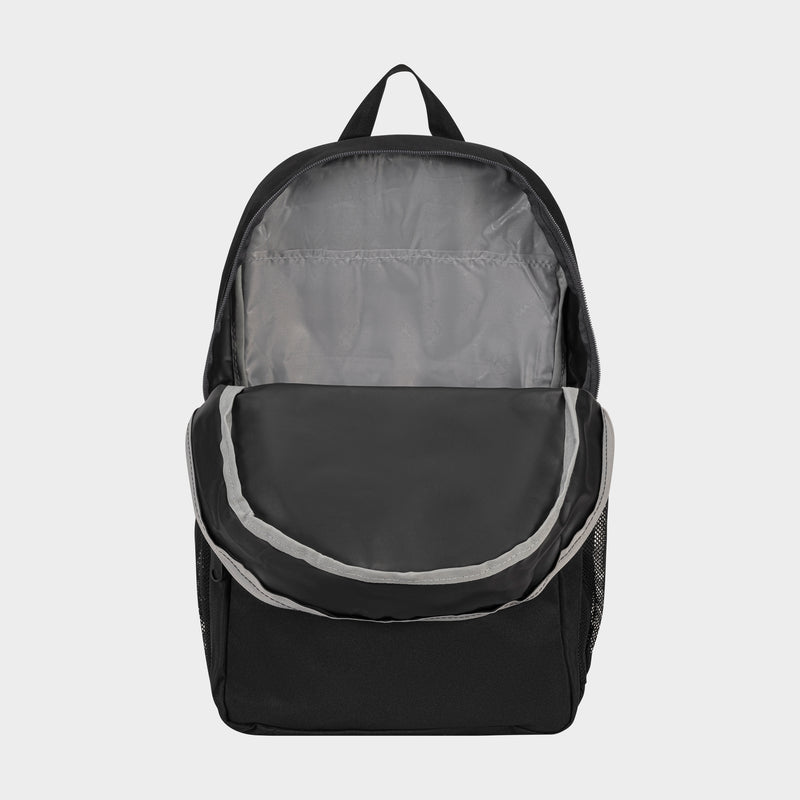 The Champion Luna Backpack, shown with its main compartment open to reveal a spacious interior and laptop sleeve, features side mesh pockets and a top handle. This everyday minimalist backpack is set against a plain light gray background.