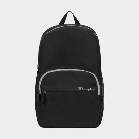The Champion Luna Backpack in black features a front zip pocket, side mesh pockets, a top handle, white embroidered Champion logo on the front, a laptop sleeve, and is set against a plain light gray background.