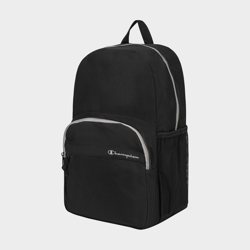 The Champion Luna Backpack in black features a front zip pocket, side mesh pocket, top handle, gray zipper accents, and a laptop sleeve. It's shown against a plain light background.