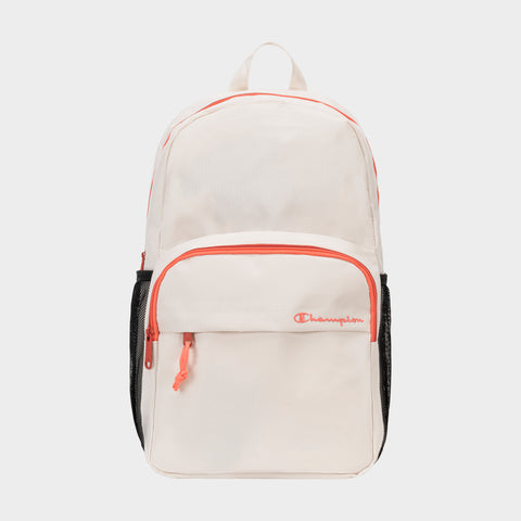 The Luna Backpack by Champion features a cream color with coral zippers, a front pocket, and black mesh side pockets—perfect for everyday carry—and is shown against a plain white background.