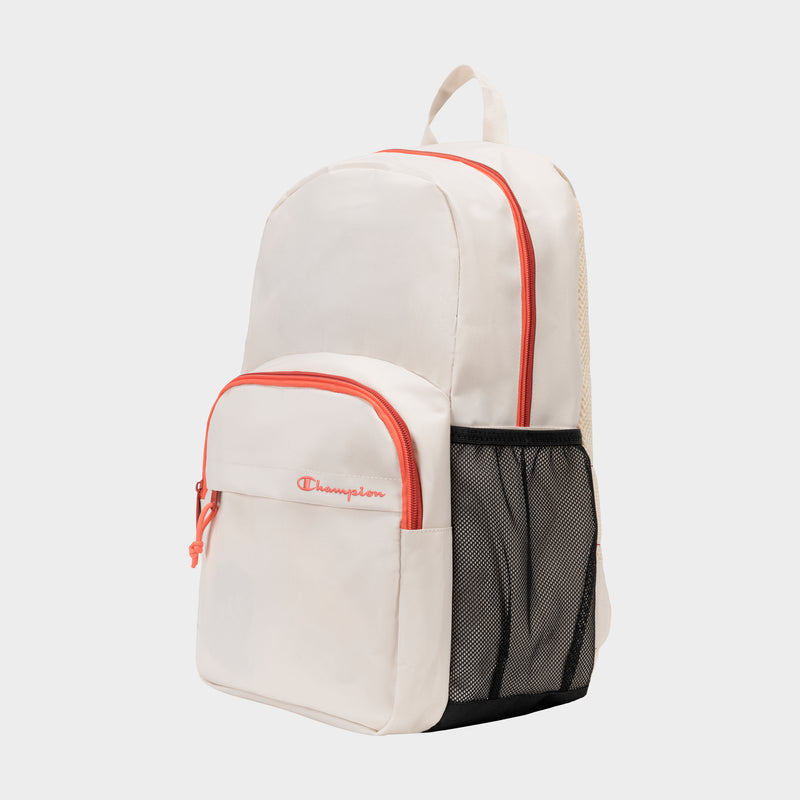 The Luna Backpack by Champion is a white minimalist bag featuring orange zippers, a front pocket with the embroidered Champion logo, a side mesh pocket, and a dedicated laptop sleeve—perfect for everyday carry.