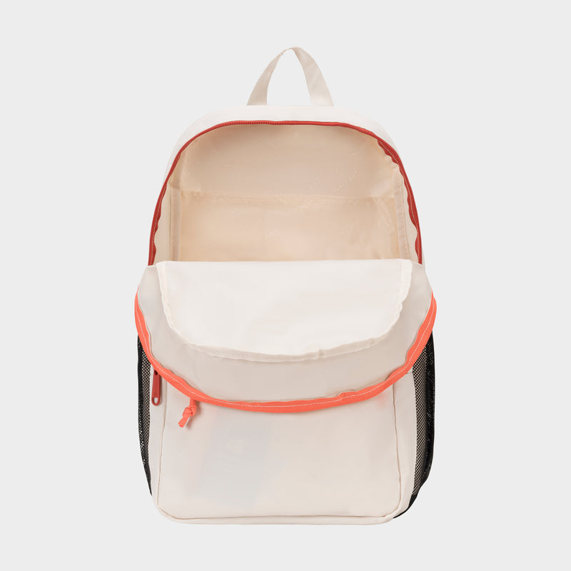 Introducing the Luna Backpack by Champion—a cream-colored, minimalist bag featuring an open main compartment, a handy laptop sleeve, and a front pocket accented with orange piping. Black mesh side pockets add extra storage, making it perfect for everyday carry. Shown here against a plain white background.