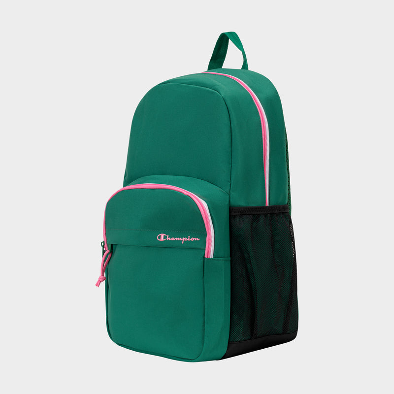 The Champion Luna Backpack is a streamlined green bag with pink zipper accents, a front pocket displaying the Champion logo, a side mesh pocket, and a green top handle—all set against a plain white background. This minimalist design also offers added functionality with its convenient laptop sleeve.