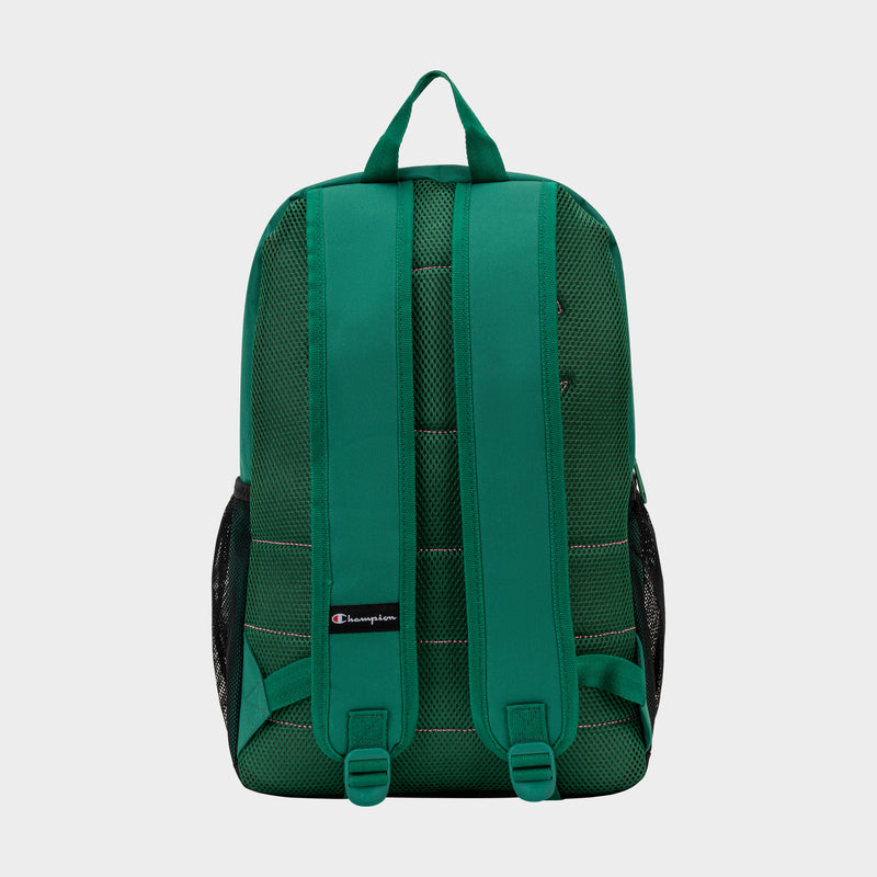 The Luna Backpack by Champion is shown from the back, featuring a minimalist design with two adjustable padded shoulder straps and a small Champion logo near the bottom. Mesh side pockets are visible on both sides, making this streamlined backpack perfect for daily use.