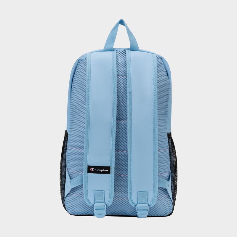 The Champion Luna Backpack is displayed in light blue with a minimalist design, featuring two padded adjustable shoulder straps, a top handle, mesh side pockets, and a small Champion logo near the bottom of the right strap. Ideal for everyday use, this backpack includes a convenient laptop sleeve to help keep your belongings organized.